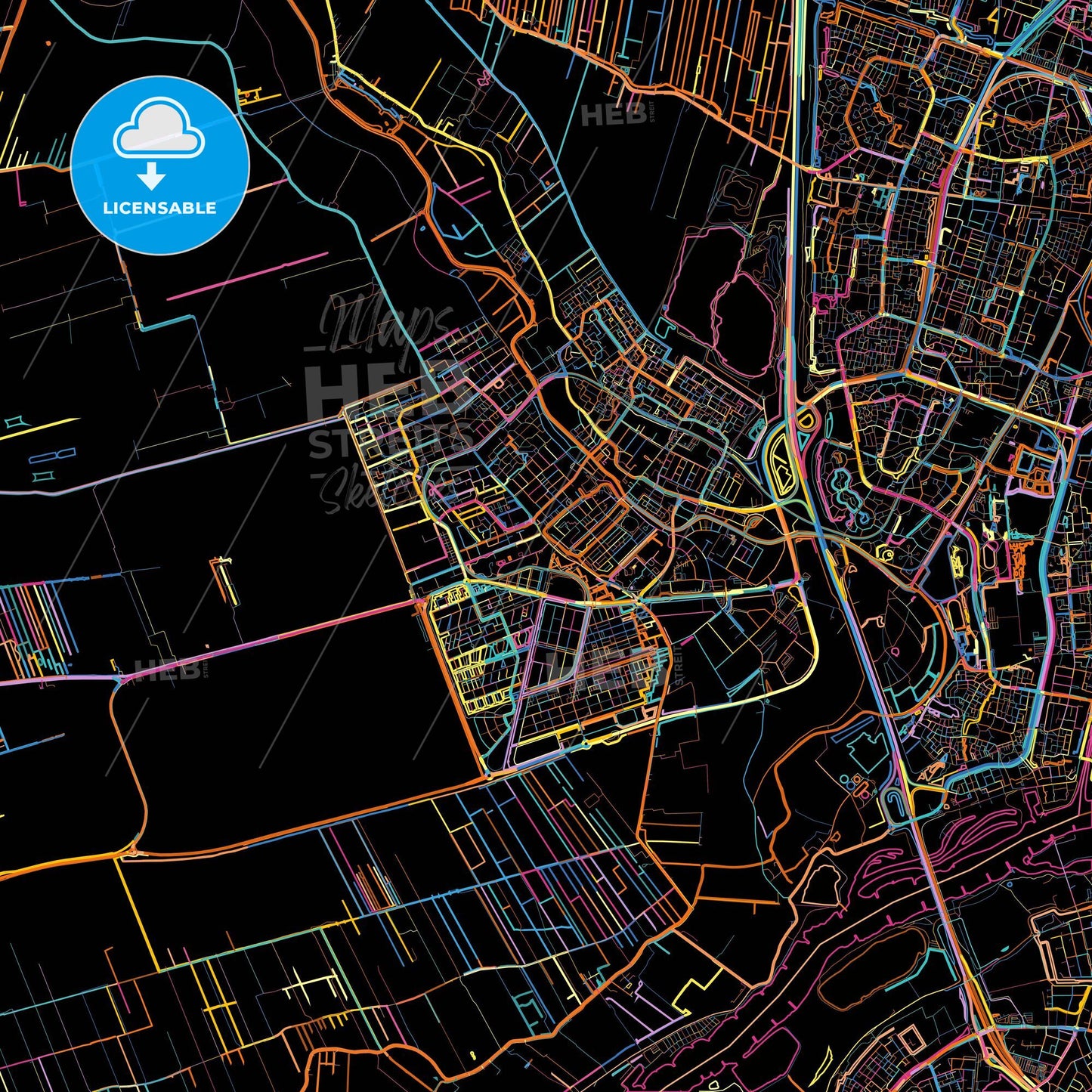 IJsselstein, Utrecht, Netherlands, colorful city map on black background