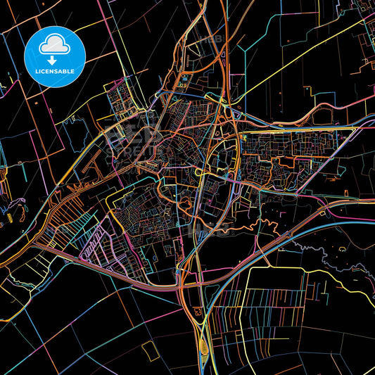 Meppel, Drenthe, Netherlands, colorful city map on black background