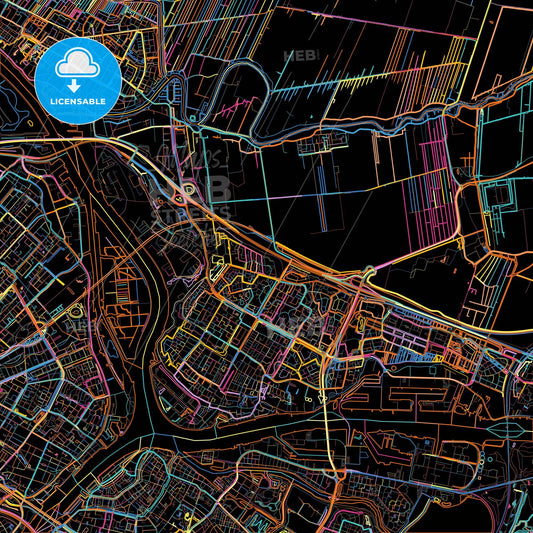 Papendrecht, South Holland, Netherlands, colorful city map on black background