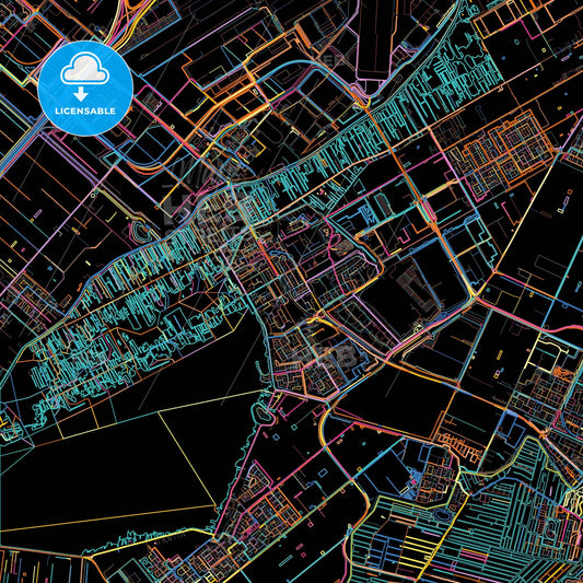 Aalsmeer, North Holland, Netherlands, colorful city map on black background