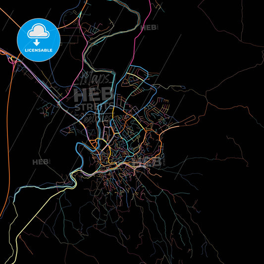 Štip, North Macedonia, colorful city map on black background
