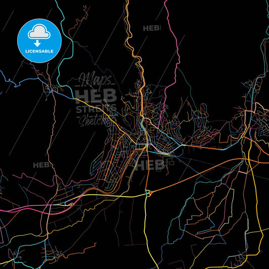Kočani, North Macedonia, colorful city map on black background