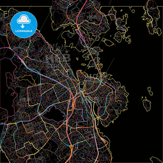 Stavanger, Rogaland, Norway, colorful city map on black background