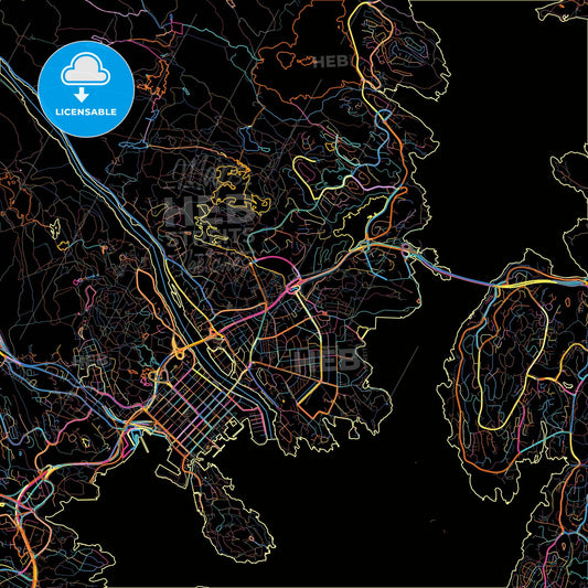 Kristiansand, Vest-Agder, Norway, colorful city map on black background