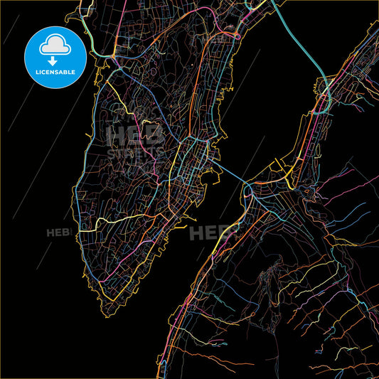 Tromsø, Troms, Norway, colorful city map on black background