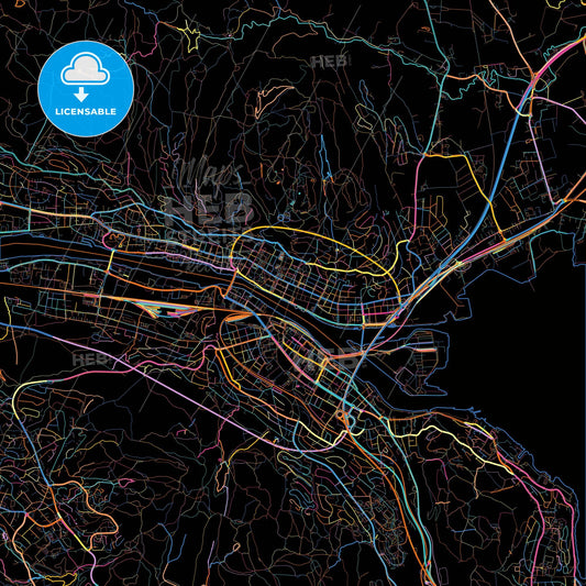 Drammen, Buskerud, Norway, colorful city map on black background