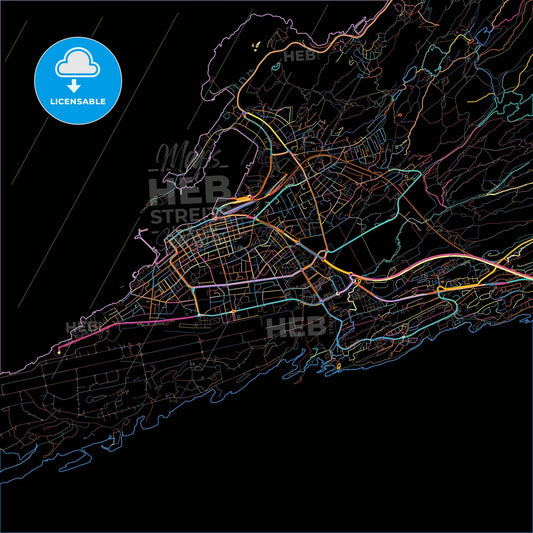 Bodø, Nordland, Norway, colorful city map on black background