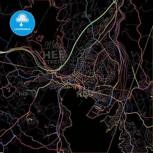 Larvik, Vestfold, Norway, colorful city map on black background