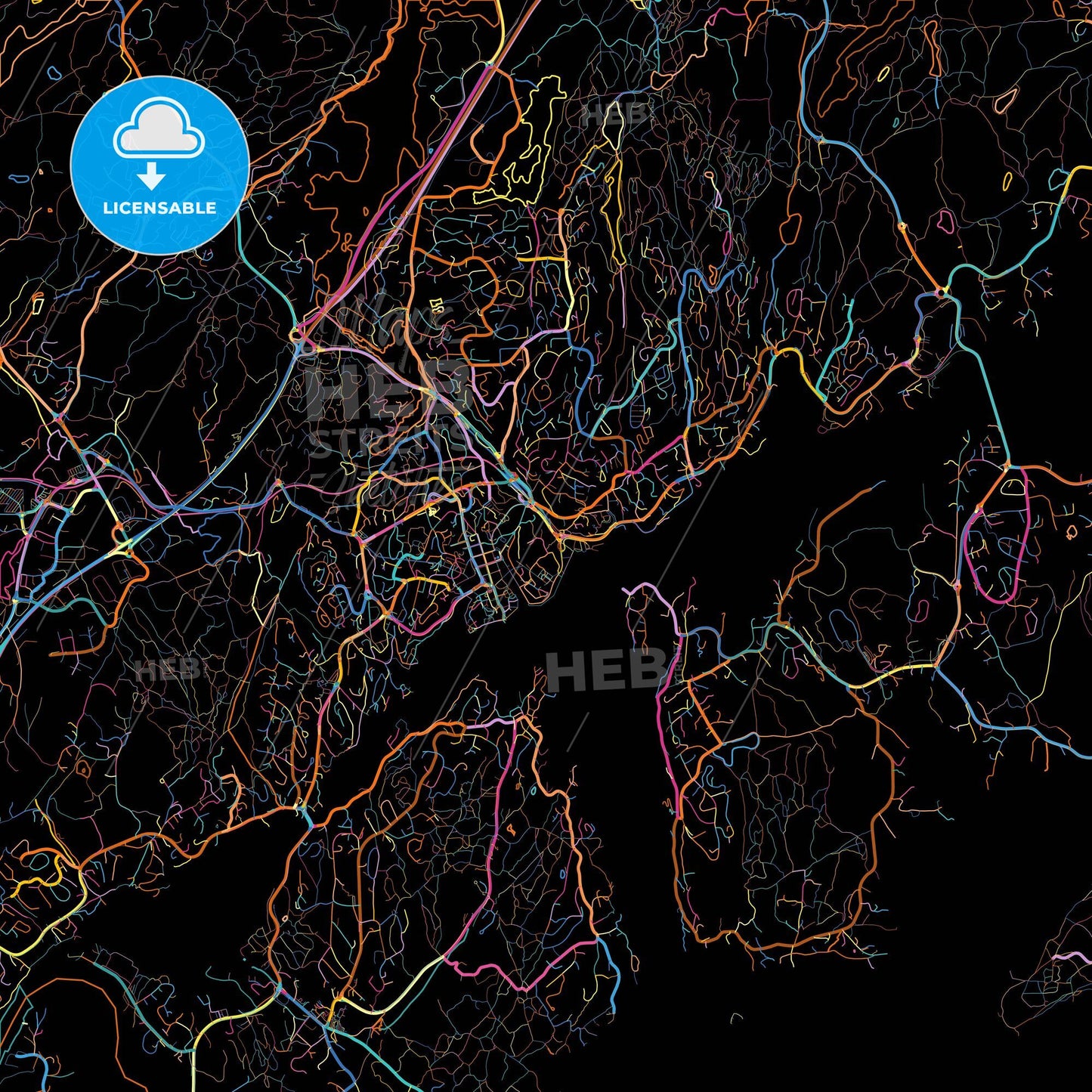 Arendal, Aust-Agder, Norway, colorful city map on black background
