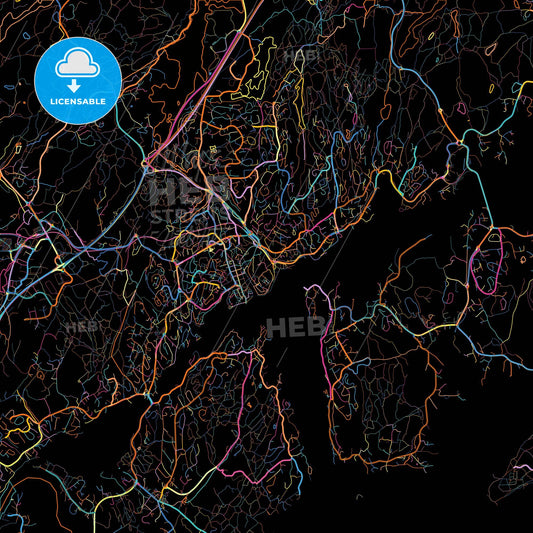 Arendal, Aust-Agder, Norway, colorful city map on black background