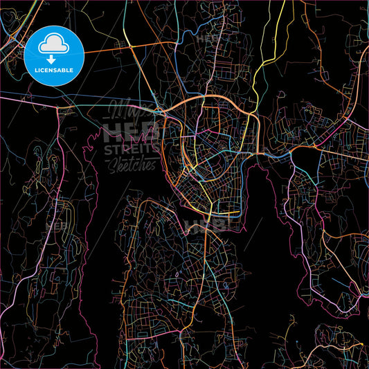 Tønsberg, Vestfold, Norway, colorful city map on black background
