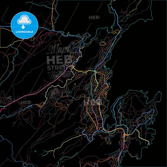 Harstad, Troms, Norway, colorful city map on black background