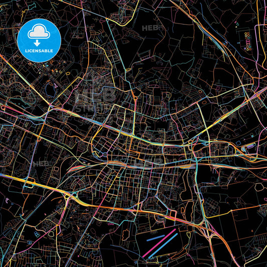 Katowice, Silesian, Poland, colorful city map on black background