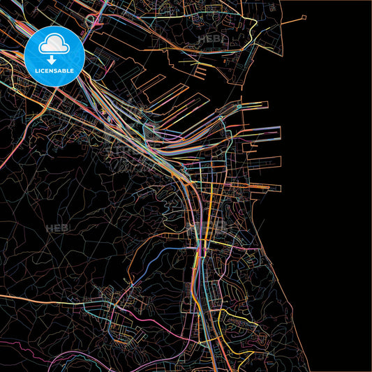 Gdynia, Pomeranian, Poland, colorful city map on black background