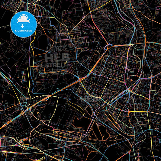 Sosnowiec, Silesian, Poland, colorful city map on black background