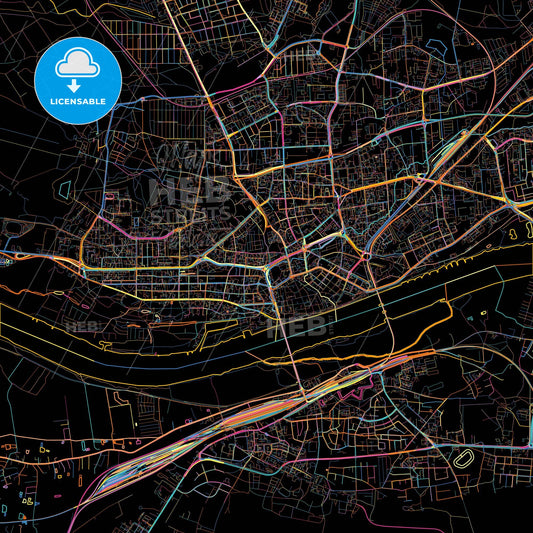 Toruń, Kuyavian-Pomeranian, Poland, colorful city map on black background