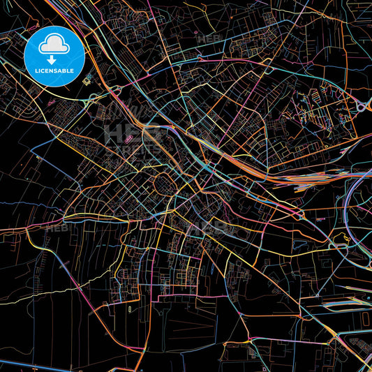 Gliwice, Silesian, Poland, colorful city map on black background