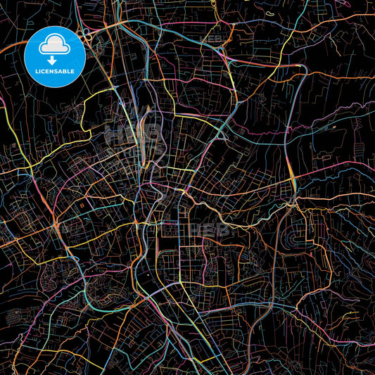 Bielsko-Biała, Silesian, Poland, colorful city map on black background