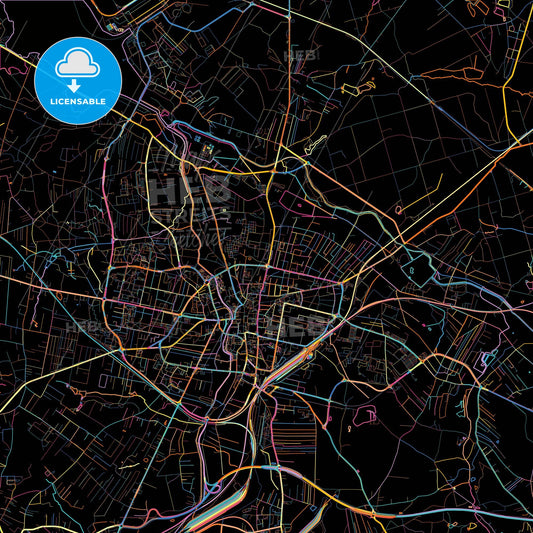 Rybnik, Silesian, Poland, colorful city map on black background