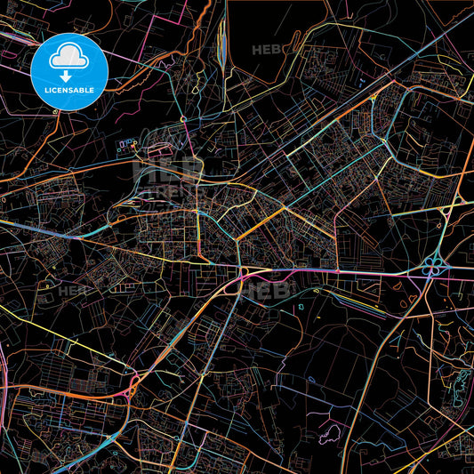 Dąbrowa Górnicza, Silesian, Poland, colorful city map on black background