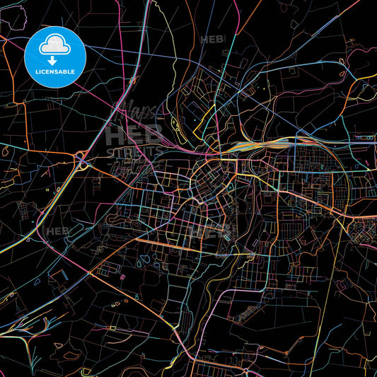 Legnica, Lower Silesian, Poland, colorful city map on black background