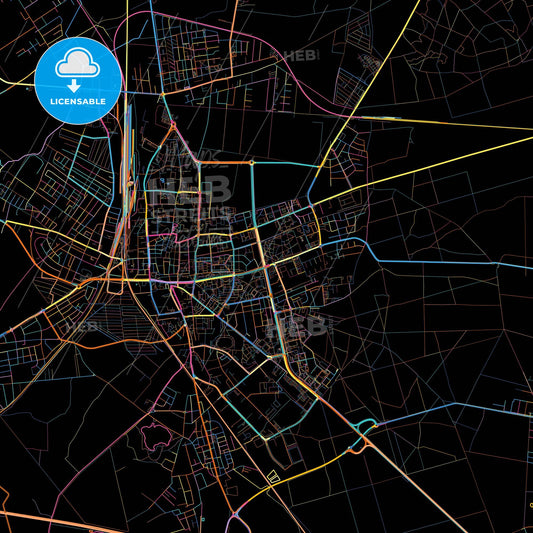 Leszno, Greater Poland, Poland, colorful city map on black background