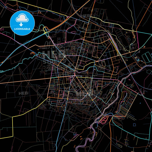 Tomaszów Mazowiecki, Łódź, Poland, colorful city map on black background