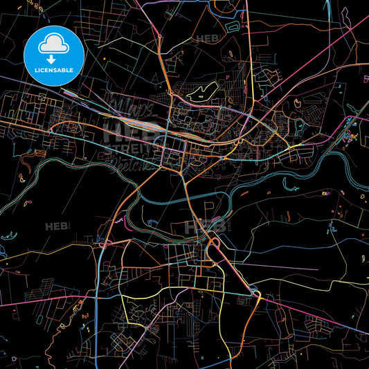 Konin, Greater Poland, Poland, colorful city map on black background