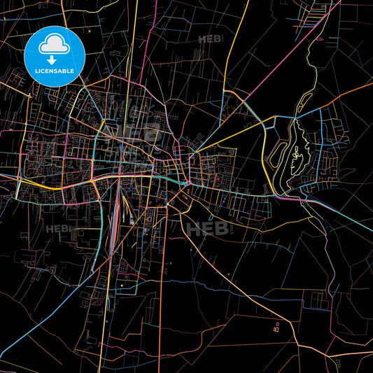 Piotrków Trybunalski, Łódź, Poland, colorful city map on black background