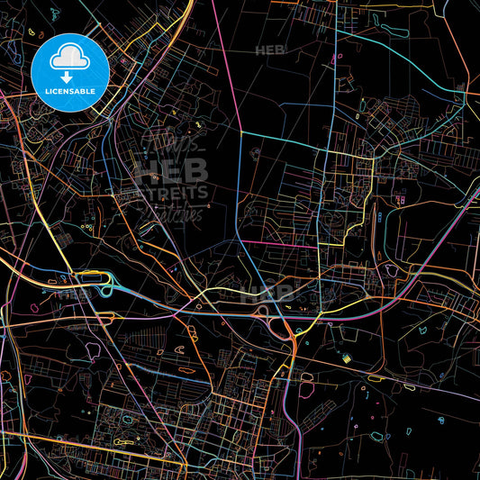 Piekary Śląskie, Silesian, Poland, colorful city map on black background