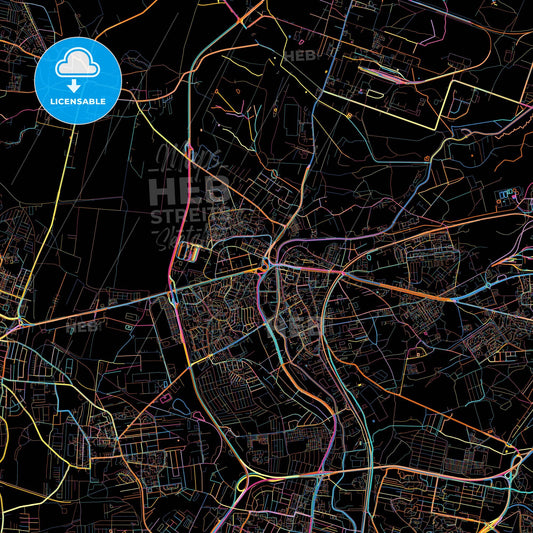 Będzin, Silesian, Poland, colorful city map on black background