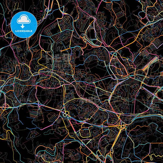 Amadora, Lisbon, Portugal, colorful city map on black background