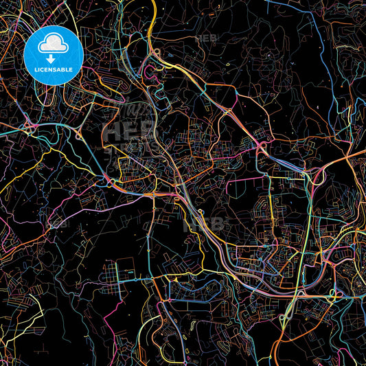 Agualva-Cacém, Lisbon, Portugal, colorful city map on black background