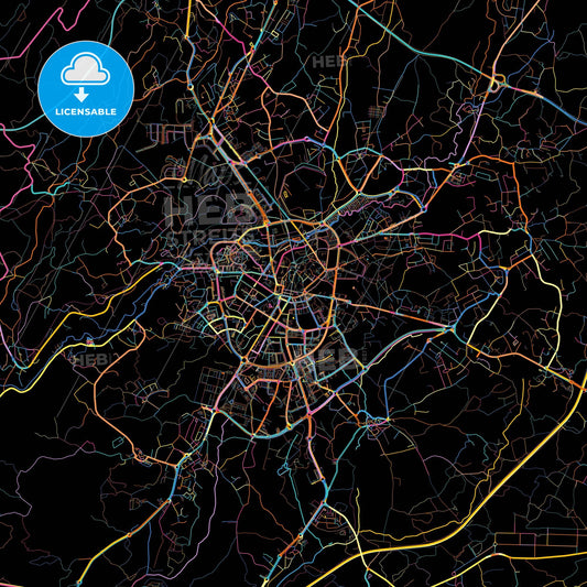 Viseu, Viseu, Portugal, colorful city map on black background