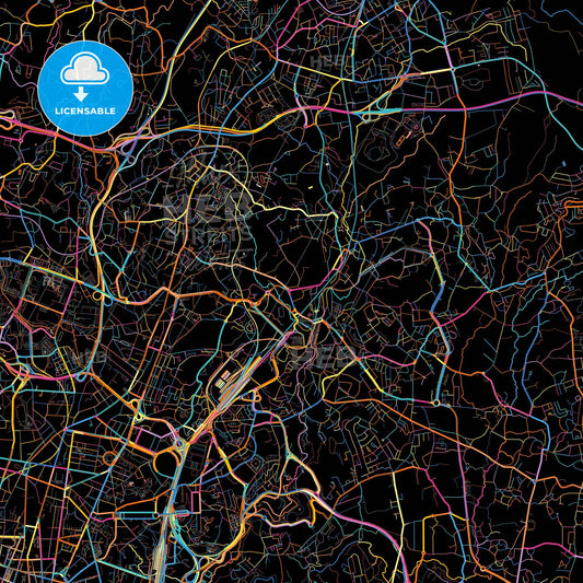 Rio Tinto, Gondomar, Portugal, colorful city map on black background