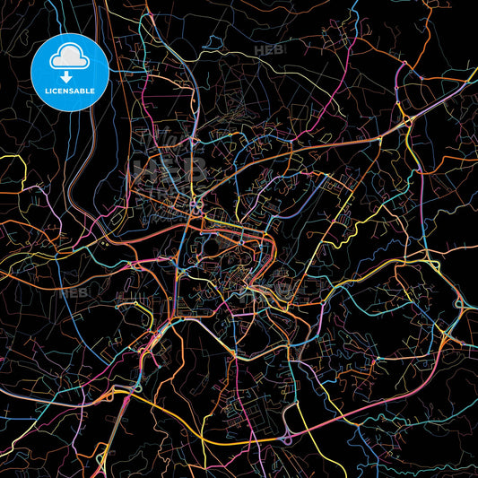 Leiria, Leiria, Portugal, colorful city map on black background