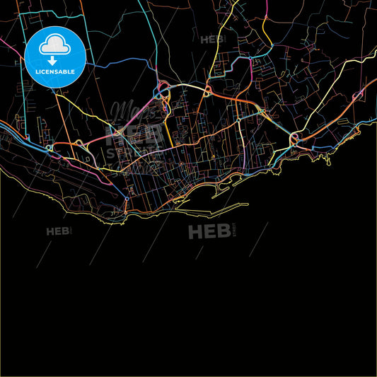 Ponta Delgada, Azores, Portugal, colorful city map on black background