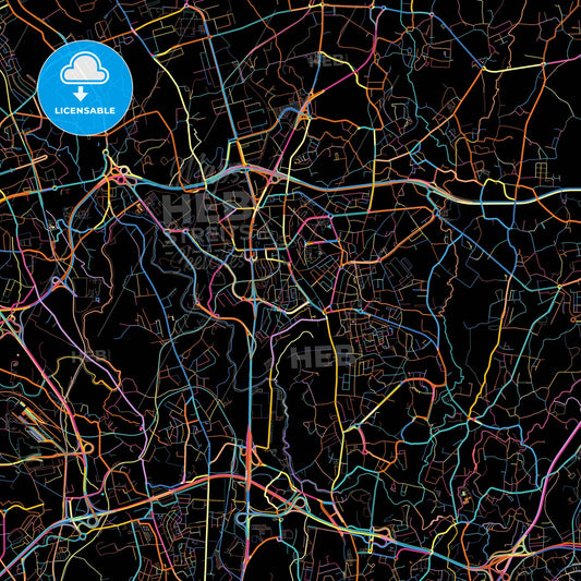 Maia, Porto, Portugal, colorful city map on black background