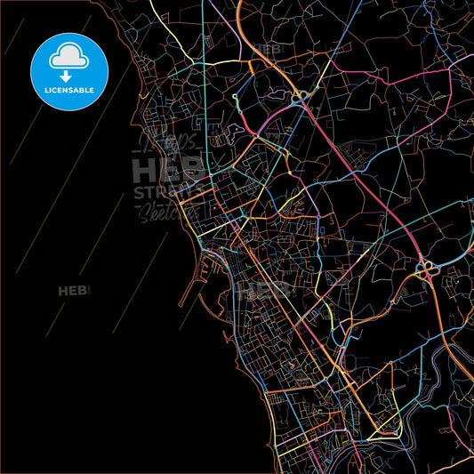 Póvoa de Varzim, Porto, Portugal, colorful city map on black background