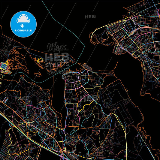 Seixal, Setúbal, Portugal, colorful city map on black background