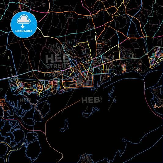 Olhão da Restauração, Faro, Portugal, colorful city map on black background