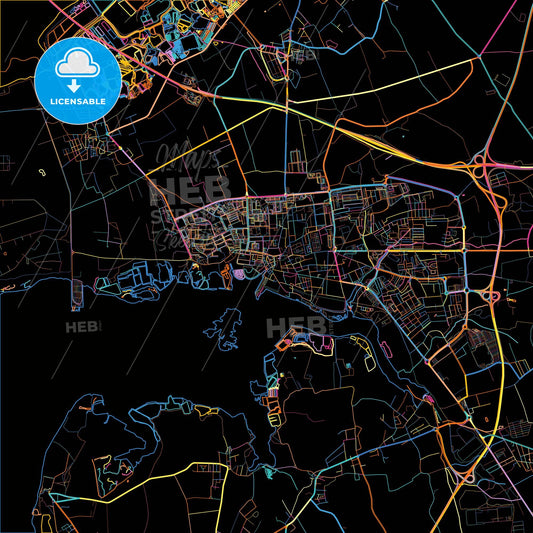 Montijo, Setúbal, Portugal, colorful city map on black background