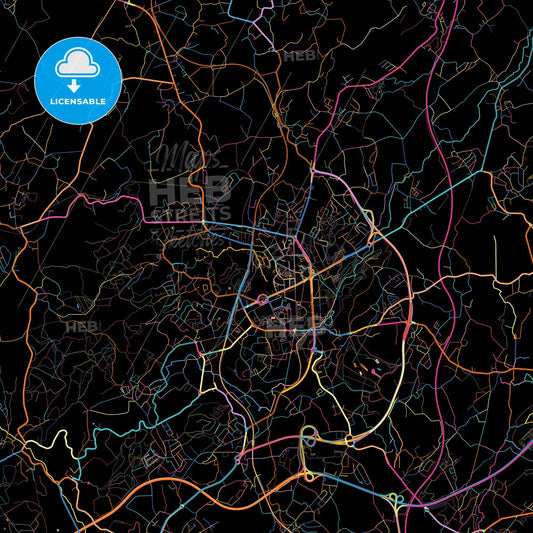 Vila Nova de Famalicão, Braga, Portugal, colorful city map on black background