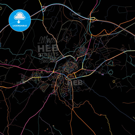 Elvas, Portalegre, Portugal, colorful city map on black background