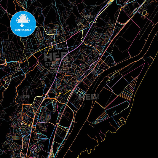 Póvoa de Santa Iria, Lisbon, Portugal, colorful city map on black background