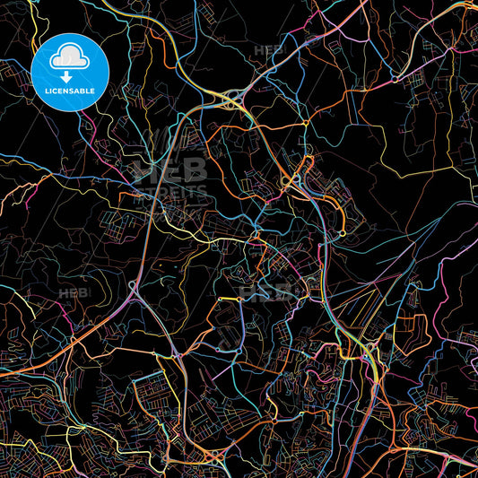 Loures, Lisbon, Portugal, colorful city map on black background