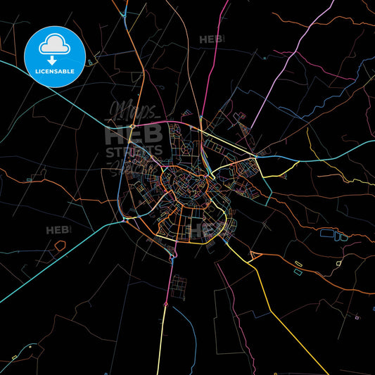 Beja, Beja, Portugal, colorful city map on black background