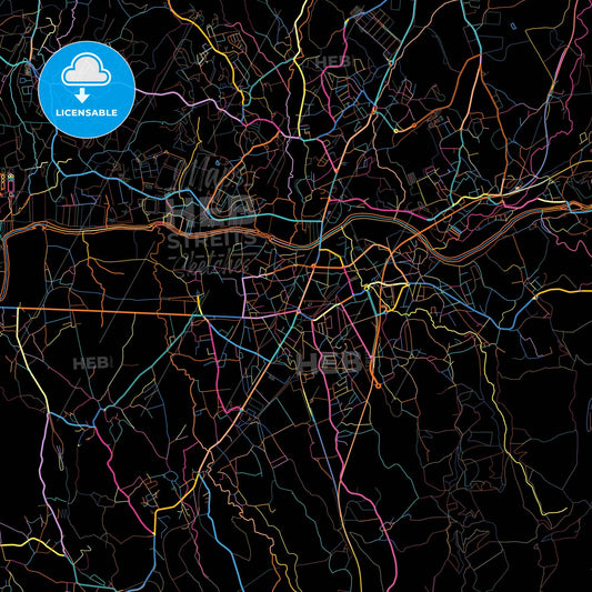 Trofa, Porto District, Portugal, colorful city map on black background