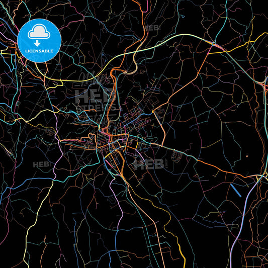 Tomar, Santarém, Portugal, colorful city map on black background