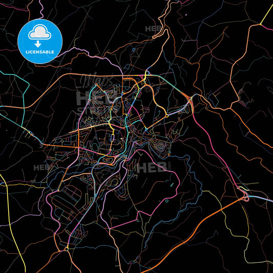 Bragança, Bragança, Portugal, colorful city map on black background